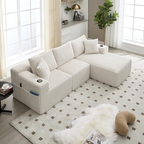 Canapé Convertible 3 Places en L avec Porte-Gobelets, Canapé d'angle Convertible en Velours Côtelé avec 5 Coussins et Accoudoirs, Canapé 3 Places Modulable avec Poches Latérales au Salon Appt, Beige