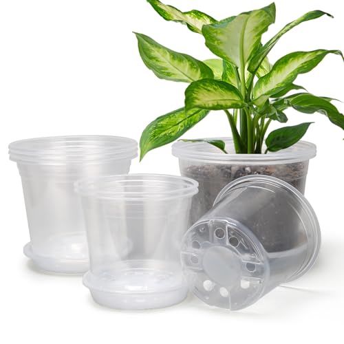 OUPSAUI 8/7/6 Inch Clear Nursery Pots with Drainage and Trays 9 Pack Large Plastic Pots for Plant Seedling Starter Pot Garden Pots for Succulents Flower Vegetables Herb