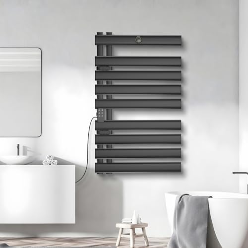 Peviasot Badheizkörper Elektrisch 425W, 94x61cm Handtuchheizkörper Schwarz mit Fernbedienung & Timer, Elektrischer Handtuchtrockner IP24, Schnellheizung Aluminium, Wandmontage, Handtuchwärmer für Bad
