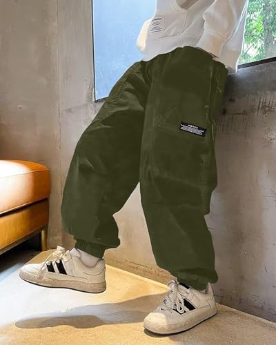 BINPAW Boys Cargo Pants Elastic Waist Casual Jogging Trousers with Pockets 5-14 Years4
