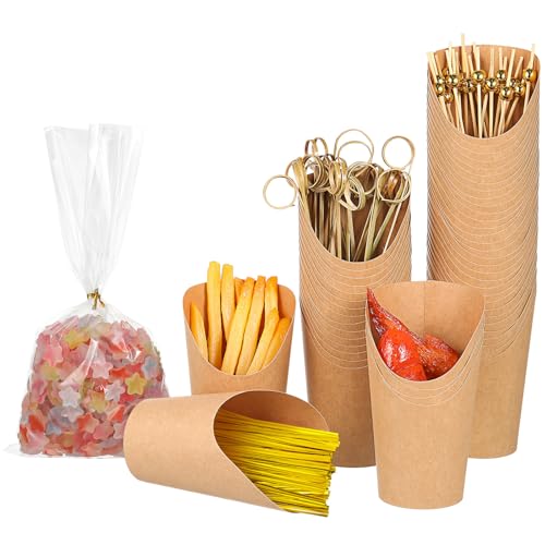 ULTECHNOVO 1 Set Charcuterie Cups French Fry Holder, 70PCS Appetizer Cups for Parties + 200 Labels, 12 oz Kraft French Fry Cups, Brown Paper Snack Cups, Charcuterie Boards Accessories