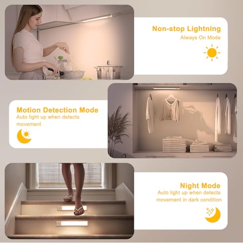 Onforu 13.8" Under Cabinet Lighting, 2700mAh USB-C Rechargeable, Motion Sensor Under Cabinet Lights with 3 Color & Dimmable, Magnetic Under Counter Lights for Kitchen, Closet, 6 Pack - image 4