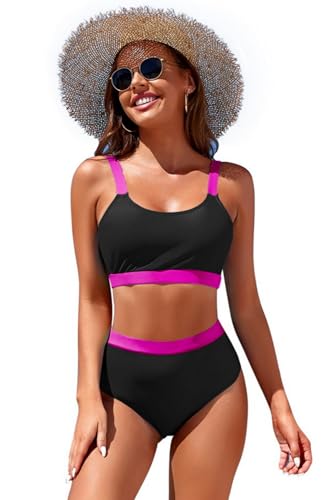 Image of Womens High Waisted Bikini Sets Sporty Crop Top Color Block Swimwear Bandeau Scoop Neck Vintage Two Piece Bathing Suits