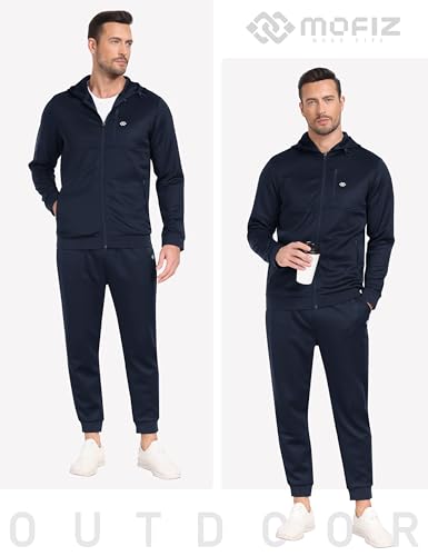 MoFiz Men's Track Suits Set Full Zip Hooded Jacket Jogging Top Bottoms Joggers Gym Running Sweat-Suits Sportswear Set with Zip Pockets Navy Size UK M - Image 6