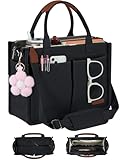 FIORETTO Women's Canvas Tote Bag with Zipper Top, Individual Compartments, Reinforced Bottom, Trolley Sleeve & Adjustable Strap, Doubles as a Crossbody Purse for Work, Travel & Bible, Black L