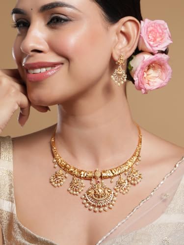 Image of Rubans Gold Plated Temple Necklace Set Traditional Statement Jewellery Gift for Women & Girls