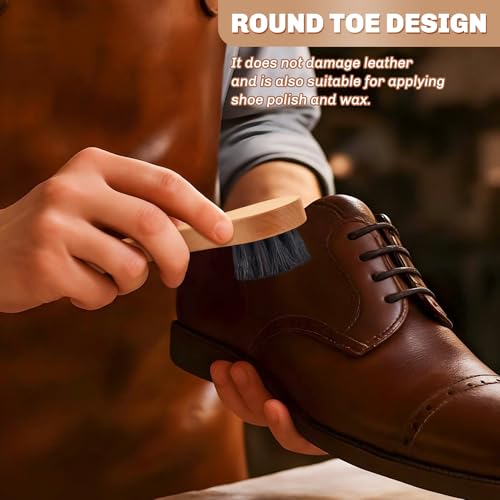 Image of 4 Pcs Horsehair Shine Shoes Brush Kit Polish Dauber Applicators Cleaning Leather Shoes Boots Care Brushes Suede Cleaner Brush with Microfiber Shoe Cloth(Wooden Handle B)