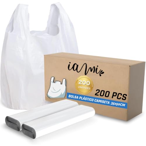 IAMI Bolsas de Plastico con Asas - Tamaño 35x50 - Aptas para Uso Alimentario - Paquete con 200 Bolsas de Asas Tipo Camiseta - Super Resistentes - Doble Refuerzo