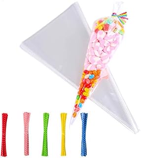 Whaline 100 Pcs Clear Cone Treat Bags Cellophane 37 x 18cm Sweet Cello Bags with 100 Assorted Twist Ties for Party