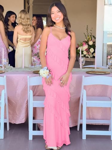 Image of HOCILLE Women's Sexy V Neck Backless Bodycon Spaghetti Strap Elegant Ruffle Maxi Cocktail Party Dresses