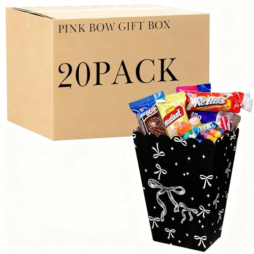 Linkidea 20 caixas de pipoca pretas com laços, caixas de doces para lembrancinhas de festa, estojos de presente para aniversário de meninas, líderes de torcida, suprimentos de despedida de solteira