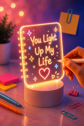 Image of Light-Up Acrylic LED Writing Message Board | Rewritable Spiral Notebook Design, Memo Pad Lamp, Desk Light, For Notes, Reminders, Quotes & Home Decor
