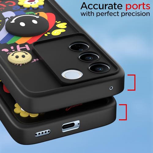 Image of Pikkme Back Cover for Vivo V27 5G / V27 Pro 5G | Soft Silicone| Cute Rainbow Smile & 3D Cartoon Flower Design | Shockproof Raised Camera Protection Bumper Case (Black)