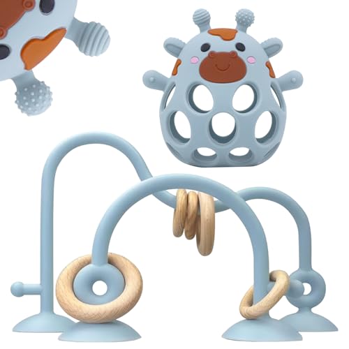 Image of Baby High Chair Toys Teething Chew - Baby Table Toys, High Chair Suction Toy Teething Toys Silicone Teethers, Food Grade Silicon for 6 12 18 Months Blue