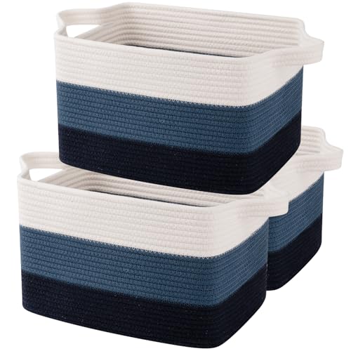 Image of OIAHOMY Storage Basket, Woven Baskets for Storage, Cotton Rope Basket for toys,Towel Baskets for Bathroom - Pack of 3, Gradient Blue
