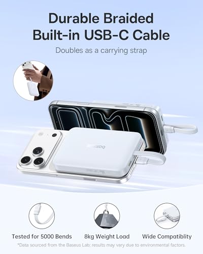 Image of Baseus Magsafe Power Bank, 10,000mAh 30W Magnetic Portable Charger, Fast Charging Wireless Battery Pack with Built-in Braided USB-C Cable for iPhone 17 Pro Max /Air /16 /15 /14 /13, AirPods, iPad and More