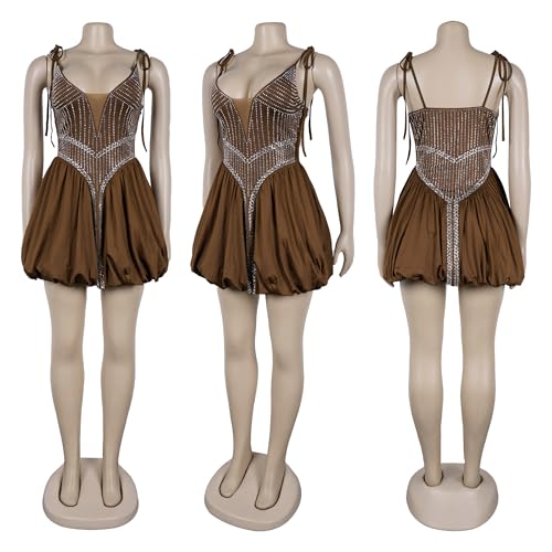 Image of PORRCEY Women's Sexy Elegant Rhinestone Mesh Party Club Night Mini Dress