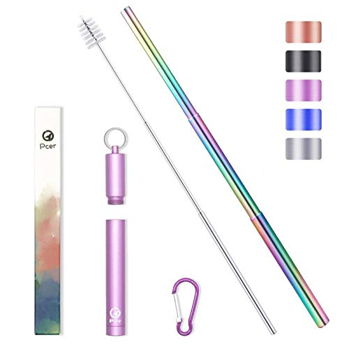 Collapsible Metal Straws Telescopic Reusable Rainbow Foldable Straws Eco-Friendly for Drinking Reusable Straws with Case Keychain Cleaning Brush Portable Stainless Steel 9.25 Inch 1 Pack(Purple)