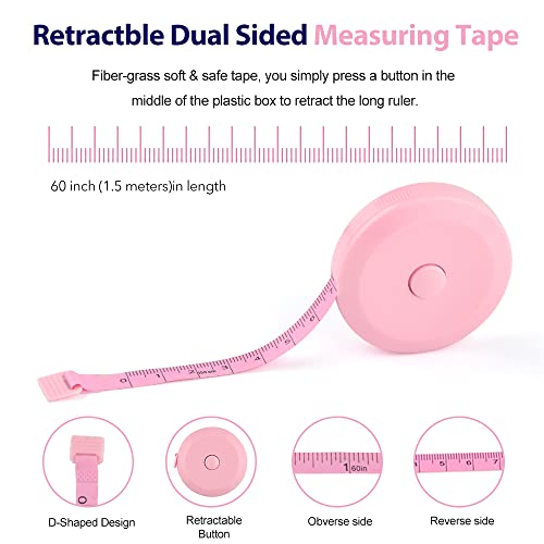 60Inch/150Cm Tape Measure Set, Include Black Soft Dual Sided Ruler & Pink Retractable Double Scale Body Measuring Tape, For Body Weight Loss Fabric Sewing Tailor Cloth Knitting Home Craft Measurements #TOP3