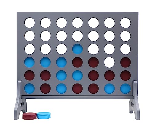 Image of Giant 4 in a Row Game for Family & Adults - Tailgating Pros Jumbo Grey Wooden Four in a Row Indoor & Outdoor Yard Game for Family Party Fun, Portable Activities for Patio, Backyard, and Camping