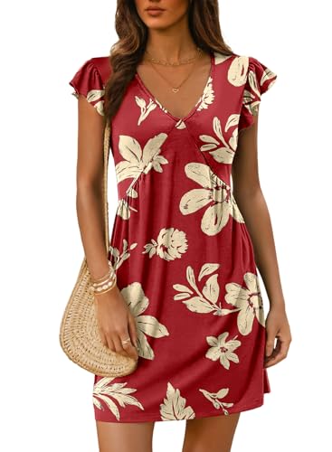 Dokotoo Dresses for Women Floral V Neck Fashion Trendy Mini Dress Boho Maxi Dress 2026 Summer Sundresses Holiday Spring Dresses Red Dress Cute Petite Ruffle Outfits Red