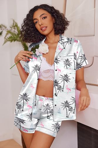 Image of Ekouaer Womens Satin Silk 2 Piece Pajamas Set Short Sleeve Sleepwear | Button Down Top and Shorts Loungewear Set for Sleep, Home, Wedding, Travel, Party, Daily Wear & Great for Sharing