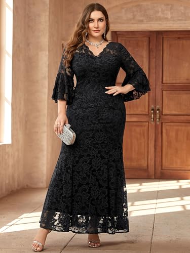 Miusol Women's Plus Size Floral Lace Ruffle Bell Sleeve V Neck Mermaid Hem Formal Maxi Dress4