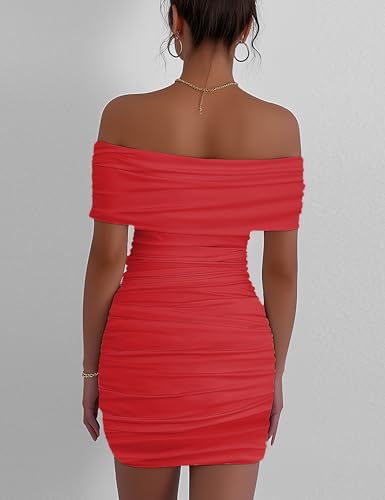 Image of Womens Off Shoulder Sleeveless Bodycon Dresses Ruched Solid Sexy Graduation Cocktail Party Mini Dresses