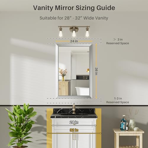 24x36 Inch Silver Bathroom Mirror for Wall, Thick Metal Framed Rectangle Mirrors for Over Sink, Bedroom, Living Room, Entryway, Anti-Rust, HD Tempered Glass