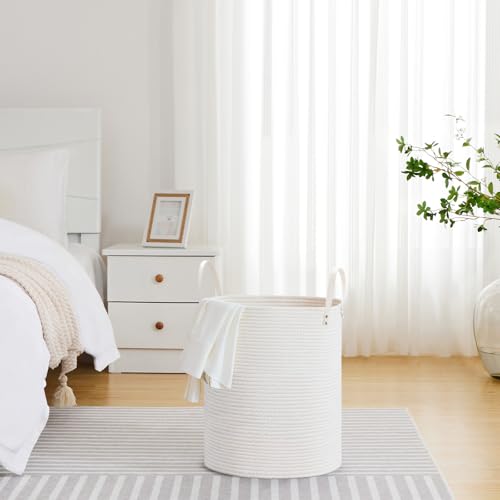Image of VIPOSCO 53L Tall Woven Rope Laundry Hamper, Leather Handles, White | Large Wicker Laundry Basket for Dirty Clothes, Blanket, Toy, Towel, Yoga Mat, Storage Bin in Bedroom, Bathroom, Living Room