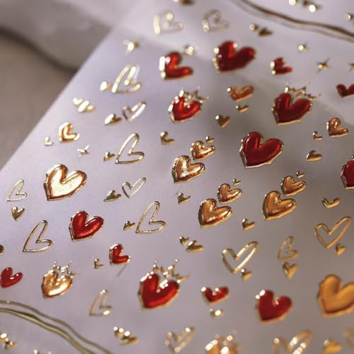 Image of 5D Embossed Heart Nail Stickers for Nails Art Gold Red Nail Art Stickers Self Adhesive Valentine's Day Nails Decals Glossy with Design for Women Manicure Supplies Decorations Accessories