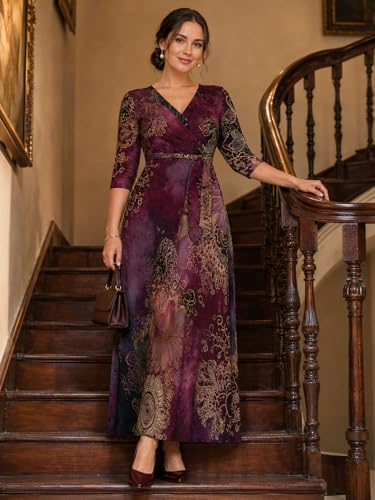 Image of PinkPatty Plus Size Maxi Dresses for Women Casual Flowy Long Dress 3 /4 Sleeve V Neck Wrap Dress with Belt