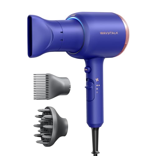 Image of Wavytalk Hair Dryer with Diffuser, Blown Away Ionic Hair Dryer for Curly Hair, 1875W Fast Drying Blow Dryer with Ceramic Technology, 3 Attachments for All Hair Types, Light and Quiet, Sapphire Blue