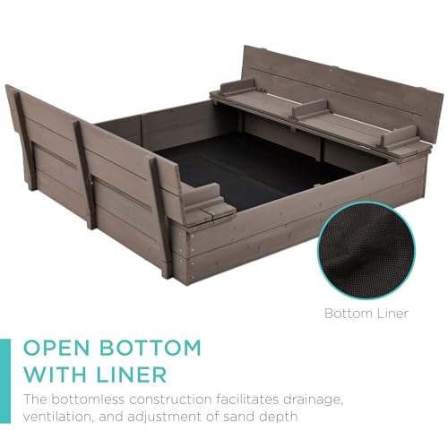 Image of Best Choice Products Large Outdoor Wooden Sand Box for Kids, Sandbox with Cover, Bench Seats Support up to 220 lbs, Bottom Liner for Drainage, Cedar Wood - Gray