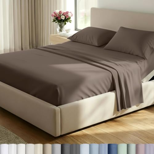 Image of California Design Den 500TC 100% Cotton Split King Sheet Set Mushroom Brown | Good Housekeeping Seal, OEKO-TEX Certified, Silky-Soft Sateen Weave, 5pc Set, 15 inch Deep Pockets, For Hot Sleepers, All-Season