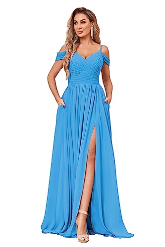 Image of BOLENSYE Off the Shoulder Bridesmaid Dresses with Pockets Ruched Chiffon Long Slit Formal Evening Gown