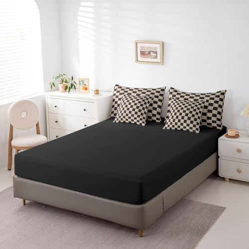 Image of Erosebridal Geometric Plaid King Comforter Set 7 Piece Beige Black Brown Checkerboard Bed in A Bag with Sheets Checkered Grid Bedding Set for Kids Boys Men,Modern Aesthetic Bed Set
