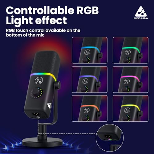 Image of Audio Array AM-C45 XLR /USB Professional RGB Dynamic Podcast Microphone | Built-in Monitoring | One Touch Mute Volume & Noise-Cancellation | 2M USB Cable & Metal Base | Streaming, Podcasting, Singing
