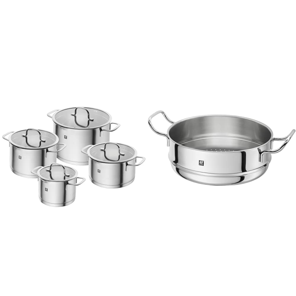 ZWILLINGTrueFlow Stainless Steel Pot Set, 4 Pieces, Pouring Function, Suitable for Induction, Silver & Plus Colander, Stainless Steel, Silver, 24 cm, 35 x 26 x 12 cm