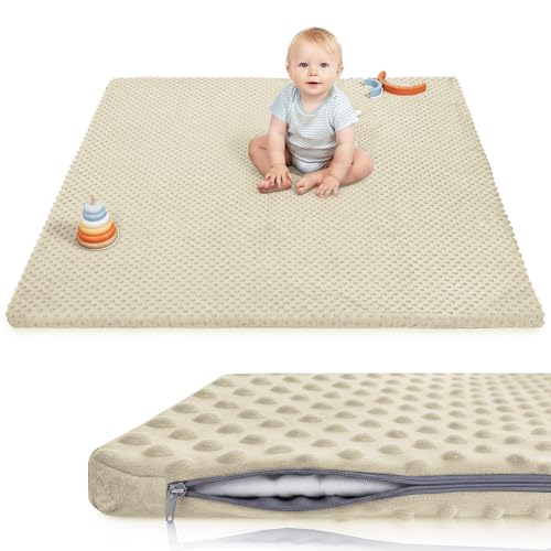 Baby Floor Play Mat for Playpen, Extra Thick 50x50 Inches Padded Mat with Ultra Soft 3D Minky Dot & Removable Washable Cover, Non-Slip & Safe for Crawling,Tummy Time,Infant/Toddler (Beige)