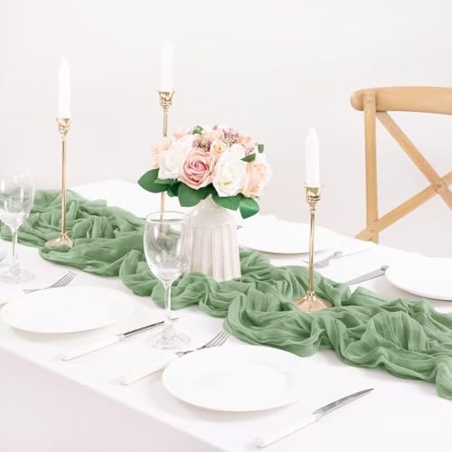 Image of MLMC 3 Pack Sage Green Table Runner 10ft Rustic Boho Cheesecloth Table Runner Summer Cheese Cloth Centerpiece Decor 35x120 Inches for Wedding Bridal Baby Shower Decor
