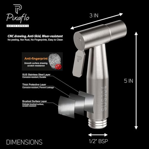 Image of Pixaflo Stainless Steel Health Faucet Set for Bathroom | Heavy Duty Jet Spray with 1.5 Meter Flexible Shower Hose & Wall Hook | Leak Resistant Toilet Spray Gun | Brushed Steel Finish