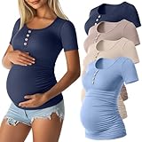 Sweetyweee 4 Pack Womens Maternity Shirts Scoop Neck Cotton Short Sleeve Ribbed Pregnancy Top Henley Side...