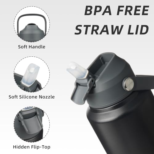Image of BJPKPK Water Bottle with Straw Lid, 32oz Vacuum Insulated Water Bottles, Metal Stainless Steel Thermo for Sports, Travel, BPA Free Leak Proof Thermo, Cups, Flasks, Tumblers,Black
