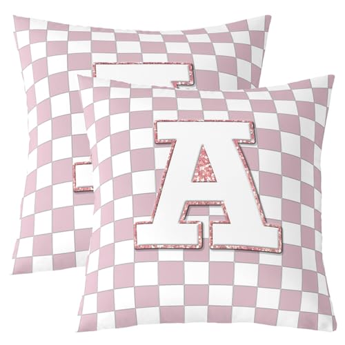 Image of Erosebridal Pink Initial A Throw Pillow Covers 24x24 Set of 2 Kawaii Plaid Checkered Cushion Cover Cute Personalized Monogram Throw Pillow Case for Bed Couch Sofa Fashion Grids Gingham Home Decor