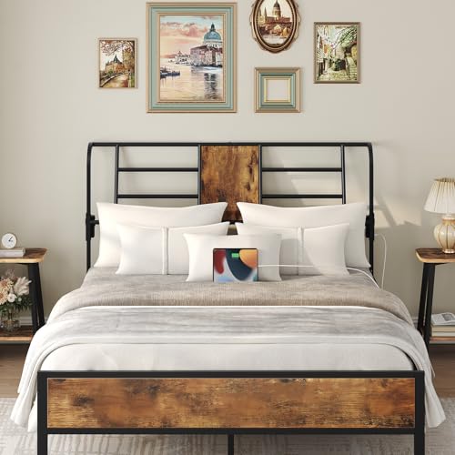 MAHANCRIS King Size Headboard Only, Metal Headboard with 2 Power Strips, Reclining Backrest, with Bed Frame Adapters, Easy Assembly, Rustic Brown and Black