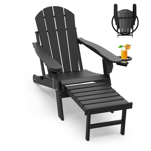 GREENVINES Silla Adirondack plegable con otomana, de plástico HDPE para todo tipo de clima, sillas junto a la piscina con portavasos y reposapiés para hoguera, terraza, patio, porche, césped, negro