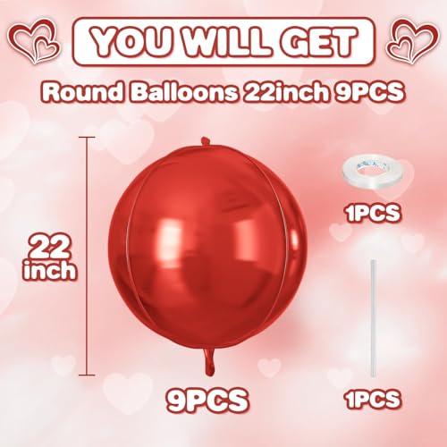 Image of 9 Pcs Red Round Foil Balloons,22 Inch Metallic Red Round Balloons | Red Giant 4D Round Ball Balloons For Casino Theme Birthday Wedding Patriotic Christmas Party Decorations