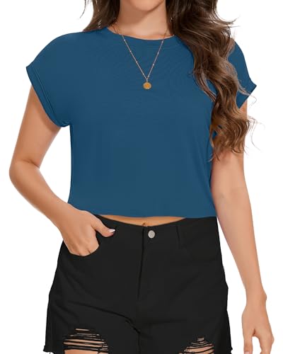 Image of Womens Crop Tops Summer Roll Cap Sleeve Cropped Tshirt Loose Fit Basic Tees
