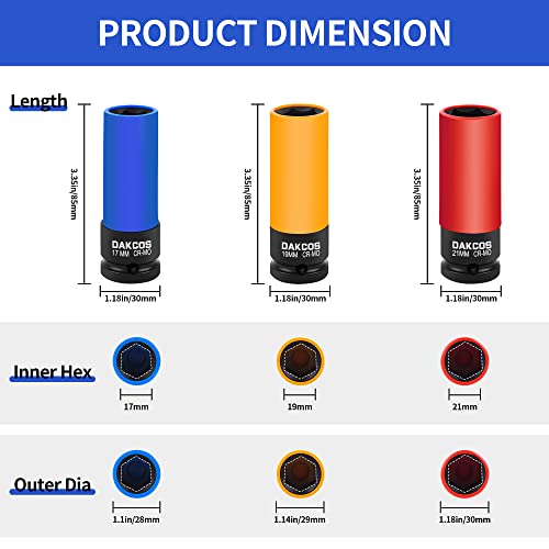 DAKCOS 3PCS 1/2-Inch Drive Lug Nut Impact Socket Set, 17mm, 19mm, 21mm Wheel Protector - Image 2